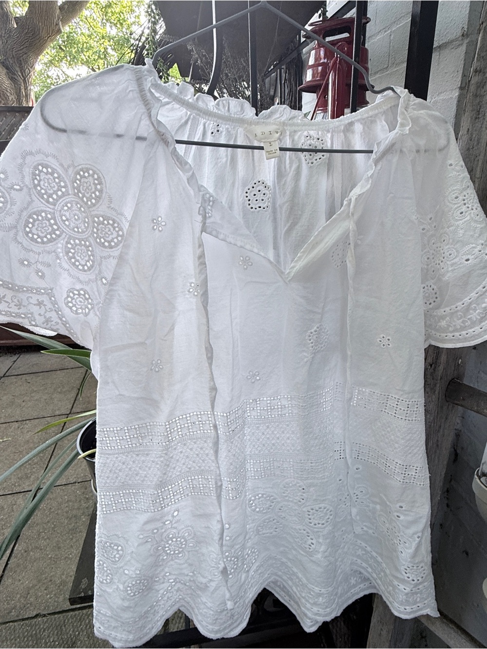 ADIVA White Eyelet Lace Peasant Top Size Large 100% Cotton Boho Blouse